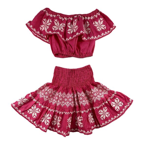 Foberini crop top & skit 100% linen suit with white embroidery - Picture 6 of 6